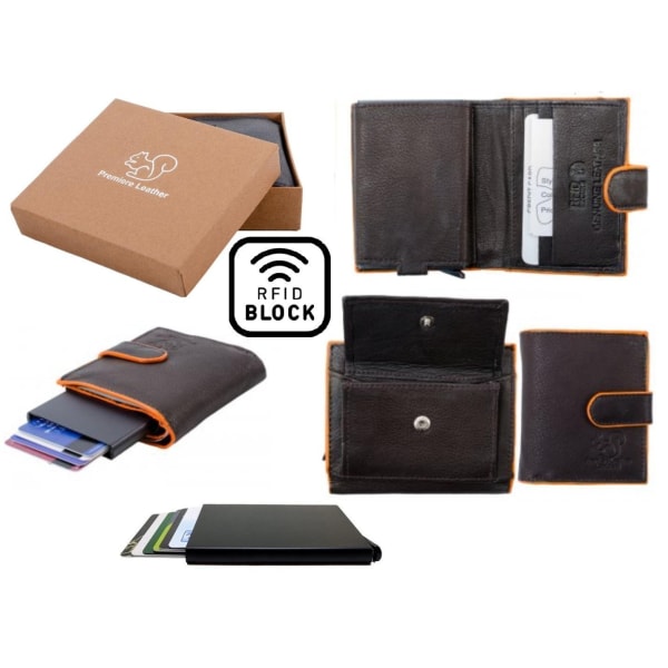 Äkta Läder Plånbok o Smart Korthållare .100% RFID Skydd. BRUN+OR Brun och Orange