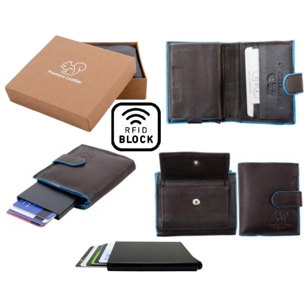 Ægte læderpung og smartkortholder .100 % RFID-beskyttelse. BRUN + BLÅ Brun och Blå