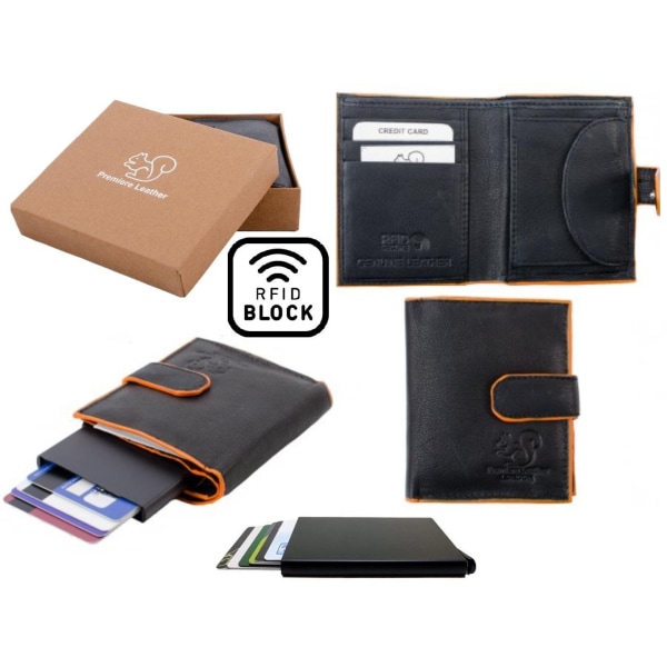 Ægte læderpung og smartkortholder .100 % RFID-beskyttelse. SORT + ELLER Svart och Orange