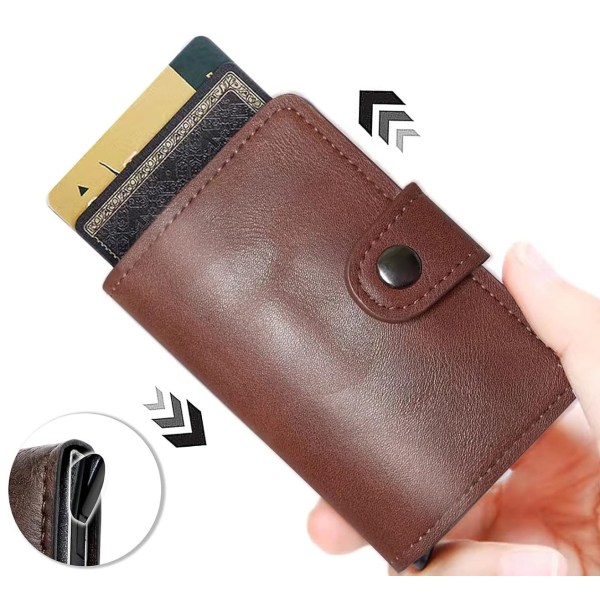 Mørkebrun -RFID Beskyttelse Pop-up tegnebog Kortholder 6stk Kort m Knap Dark brown
