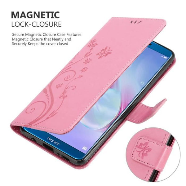 Coque Honor 9 LITE - CADORABO - Rosafloral - Syntetiskt läder - Ställfunktion - Platser för kort Rosa blommig