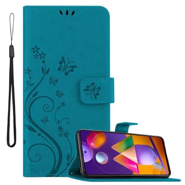 Fodral med lock för Samsung Galaxy M31s Fodral i BLÅ BLOMSTER Design Blomster Plånbok Blå
