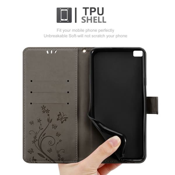 Fodral med lock för Huawei P8, i GRÅ BLOMMÖNSTER, Skyddande design, Plånboksfodral Grå
