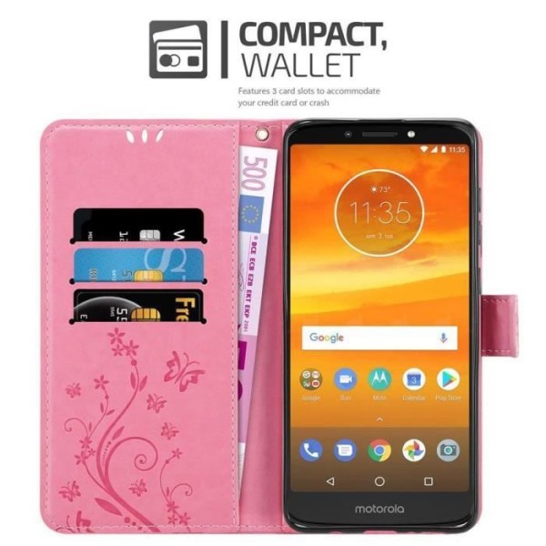 Coque - CADORABO - MOTO E5 PLUS - Simil läder - Blommig - Ställfunktion och plats för kort Rosa blommig