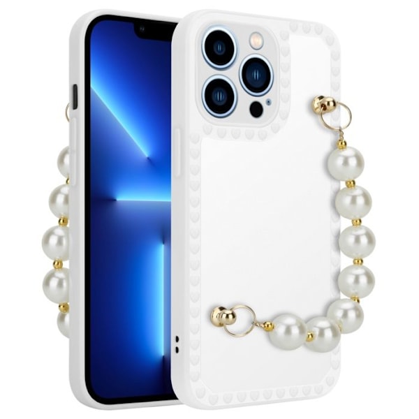 Skydd för Apple iPhone 13 PRO i vitt med pärlor Fodral i flexibelt TPU-silikon med handledsrem Vit