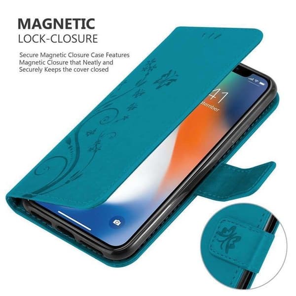 Fodral med lock för iPhone XS MAX Etui i BLÅ BLOMSTER Design Floral Plånbok Blå