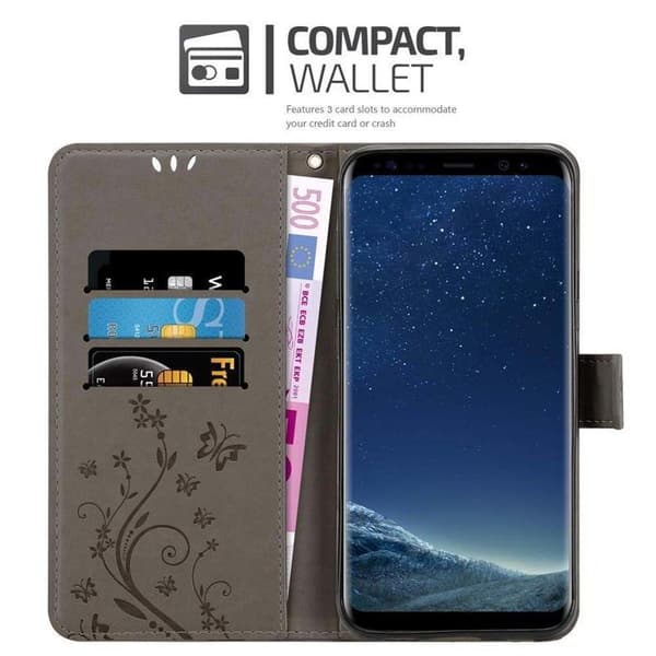 Fodral med lock för Samsung Galaxy S8, Grå Blommig Design, Plånboksfodral Grå