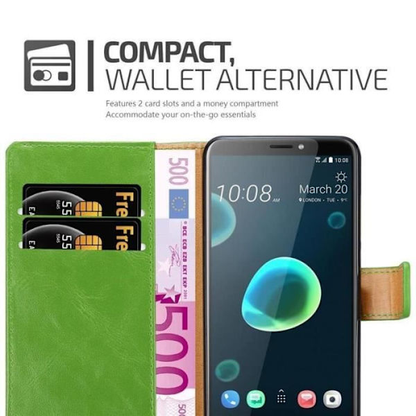 Fodral - CADORABO - HTC Desire 12 PLUS - Läderimitation - Grön - Horisontell stativfunktion Grön