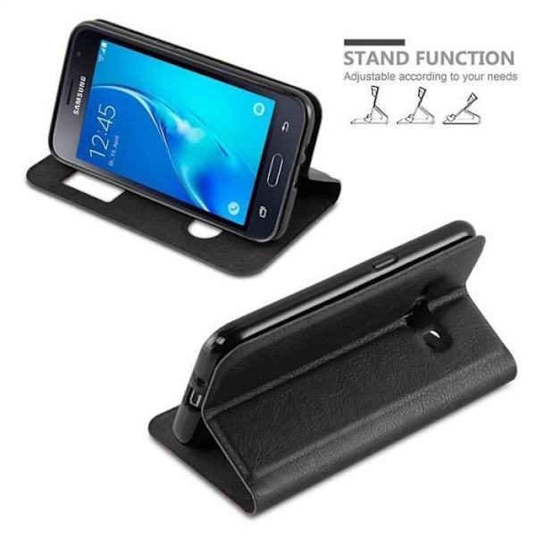 Cadorabo Fodral för Samsung Galaxy J1 2015 i COMET BLACK – Skyddsfodral med horisontellt stativ och två fönster – View Case