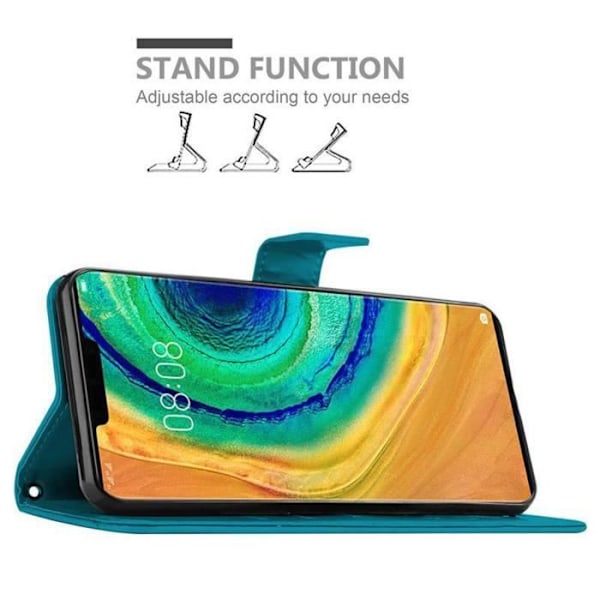 Fodral - CADORABO - MATE 30 PRO - Imiterat läder - Blommigt - Stativfunktion och kortplatser BLOMMA BLÅ