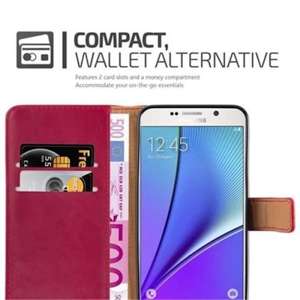 Cadorabo Fodral Samsung Galaxy NOTE 5 KÖRSBÄRSRÖD LYX Fodral Fodral Fodral Magnetskydd stöder stativ och kortplats