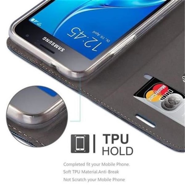 Coque Samsung Galaxy J1 2016 - CADORABO - Mörkblå, Svart - Tyg-Similskinn - Stativ, Kortficka Mörkblå, svart