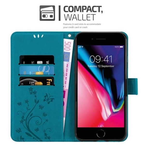 Fodral för iPhone 7/7S/8 - CADORABO - Blommönster - Imiterat läder - 3 kortplatser - Praktiskt stöd Blå