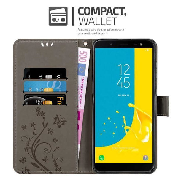 Coque - CADORABO - Samsung Galaxy J6 2018 - Simili läder - Grå blommig - Plånbok med Ställningsfunktion Blommig grå