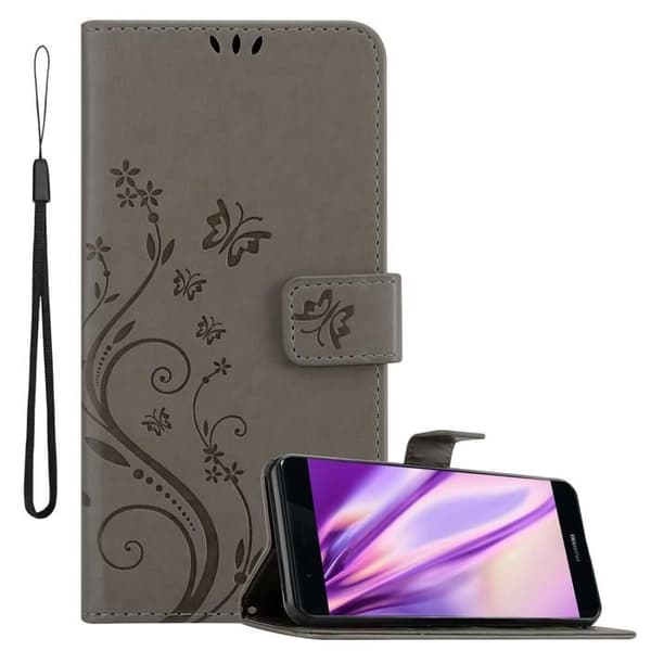 Fodral med lock för Huawei P9, Grå Blommig Design, Plånboksfodral Grå