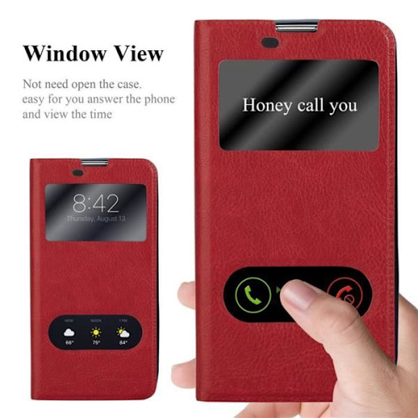 Cadorabo Fodral LG K10 2016 VIEW Två Windows Fodral Fodral Magnetlås Stöd Stativ Kortplats SAFFRAN RÖD