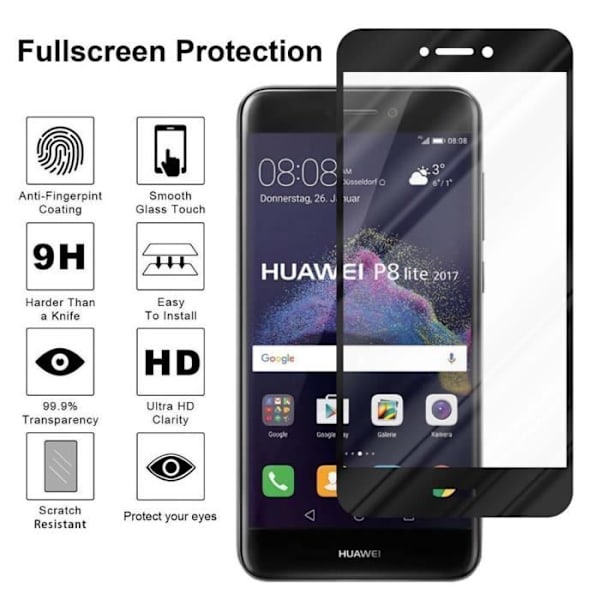 Härdat glas för Huawei P8 LITE 2017 TRANSP, SVART skyddsfilm Huawei P8 LITE 2017 helskärm Huawei P8 LITE 2017 härdat