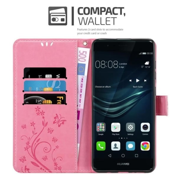 Coque för Huawei P9 - CADORABO - Blomsteretui - Syntetiskt läder - Ställfunktion - Fullständigt skydd Rosa blommig