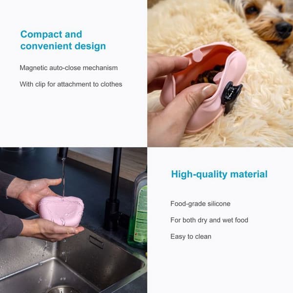 Hundgodispåse i silikon rosa 13 x 5 x 10,5 cm - träningsväska med bältesklipp för foder och våtfoder Ros