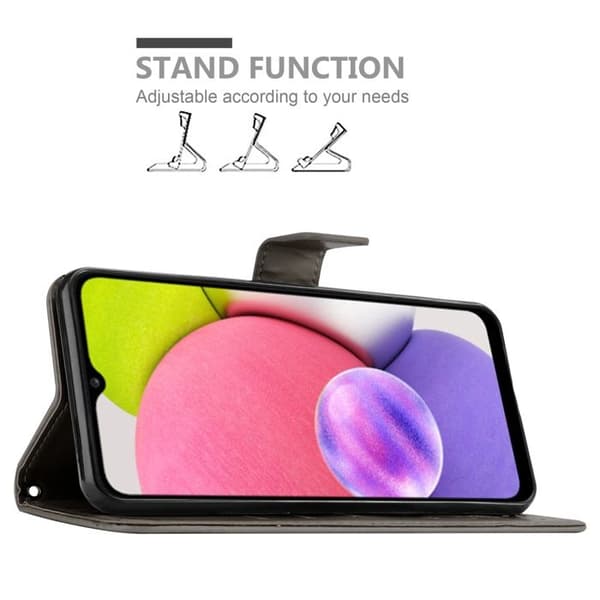 Fodral med lock för Samsung Galaxy A03s Etui i GRÅ BLOMMÖNSTER Skydd Design Blommig Plånbok Grå