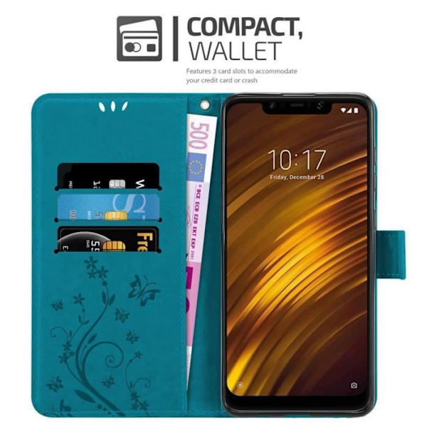 Coque för Xiaomi Pocophone F1 - CADORABO - BLÅ FLORAL - Simililäder - Ställfunktion - Kortplatser BLOMMA BLÅ