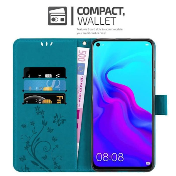 Etui för Huawei NOVA 4 - CADORABO - BLÅ BLOMMÖNSTER - Konstläder - Ställfunktion - Fack för kort BLOMMA BLÅ