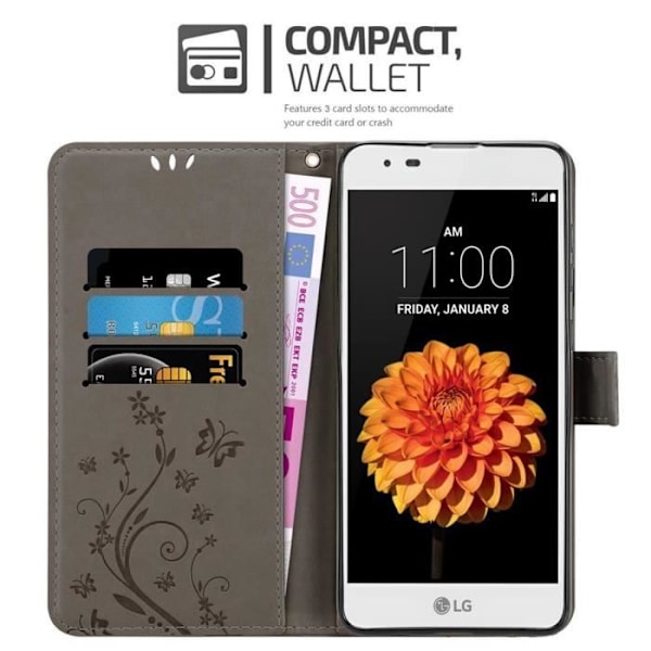 Fodral till LG K7 2016 - CADORABO - Blommig grått - konstläder - Stativfunktion - Kortplatser BLOMMIG GRÅ