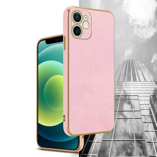 iPhone 12 MINI Fodral Glansig Rosa - Guld med skydd för kamera Ros