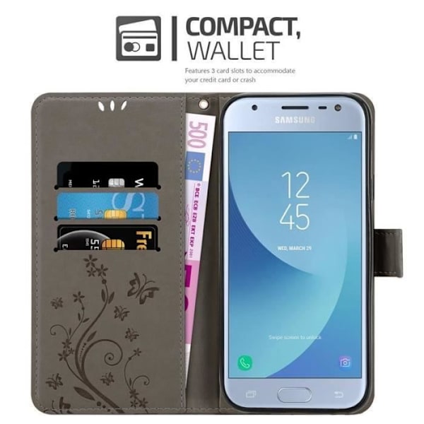 Fodral - CADORABO - Samsung Galaxy J3 2017 - Blommigt konstläder - Magnetisk stängning - Praktiskt stöd Grå