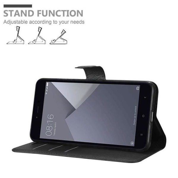 Coque - CADORABO - Xiaomi RedMi Note 5A - Syntetiskt läder Svart - Horisontellt stativ - 3 kortfack Svart