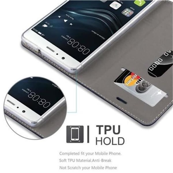 Cadorabo Huawei P9 LITE Fodral i MÖRKBLÅ BRUNT TYG - Magnetisk Fodral i konstläder med stativ och kortplats
