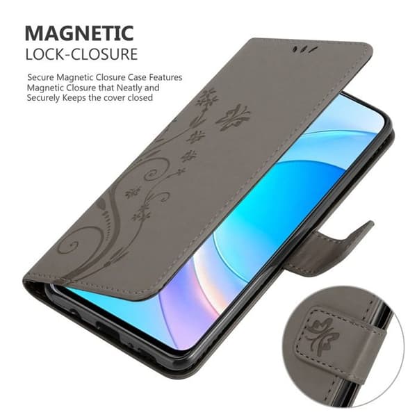 Fodral med lock för Honor 50 LITE Etui i GRÅTT BLOMMÖNSTER Skydd Design Blommig Plånbok Grå