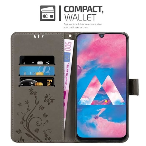 Fodral till Samsung Galaxy M30 - CADORABO - Blommönster - Imiterat läder - 3 kortplatser - Praktiskt stöd Grå