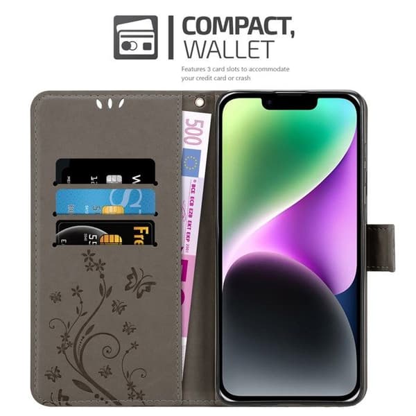 Fodral med lock för iPhone 14 PLUS Etui i GRÅ BLOMMÖNSTER Skydd Design Blommig Plånbok Grå