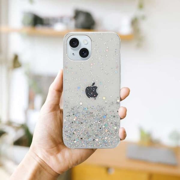 Transparent iPhone 15 PLUS-fodral med glitter, skyddande glittrande design Vit