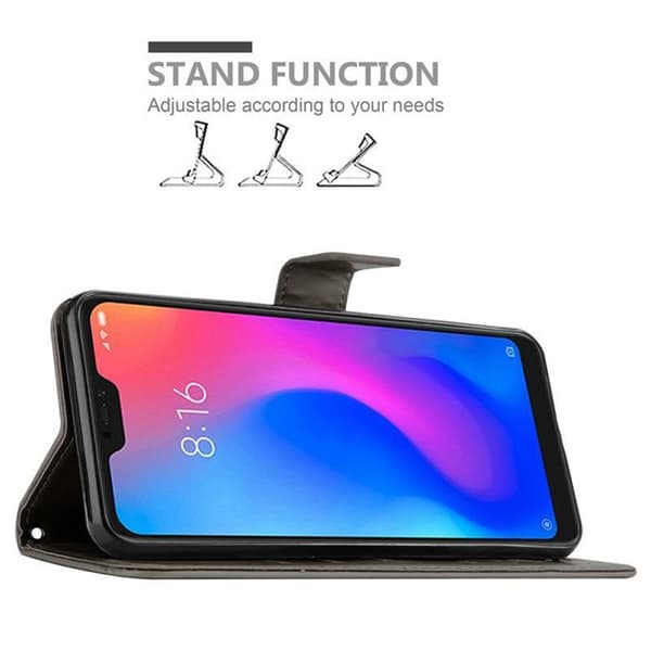 Fodral med lock för Xiaomi RedMi NOTE 6 PRO Etui i GRÅ BLOMMÖNSTER Skydd Design Blommig Plånbok Grå