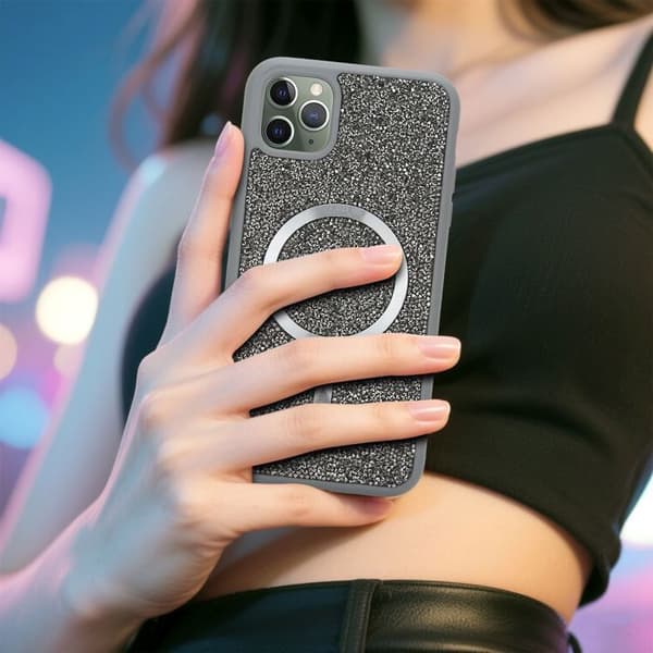 iPhone 11 PRO MAX-fodral i GRÅtt, stöttåligt, Magsafe-kompatibelt med diamantglitterstil Grå