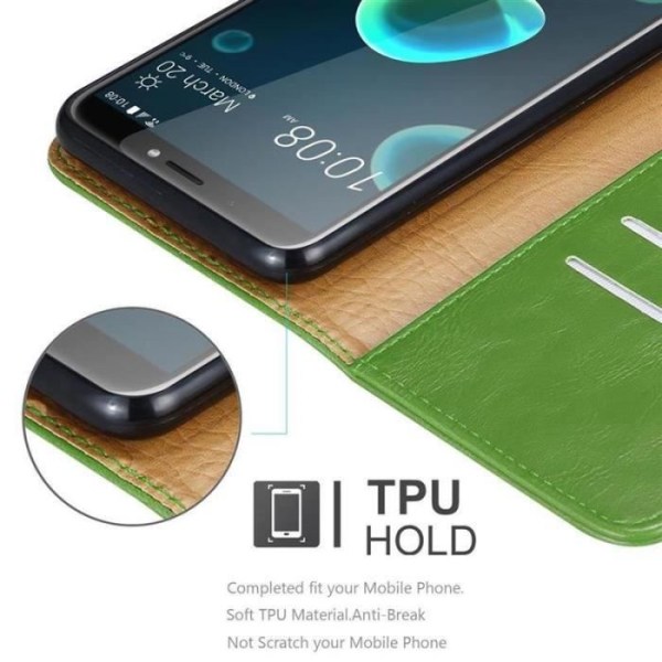 Fodral - CADORABO - HTC Desire 12 PLUS - Läderimitation - Grön - Horisontell stativfunktion Grön