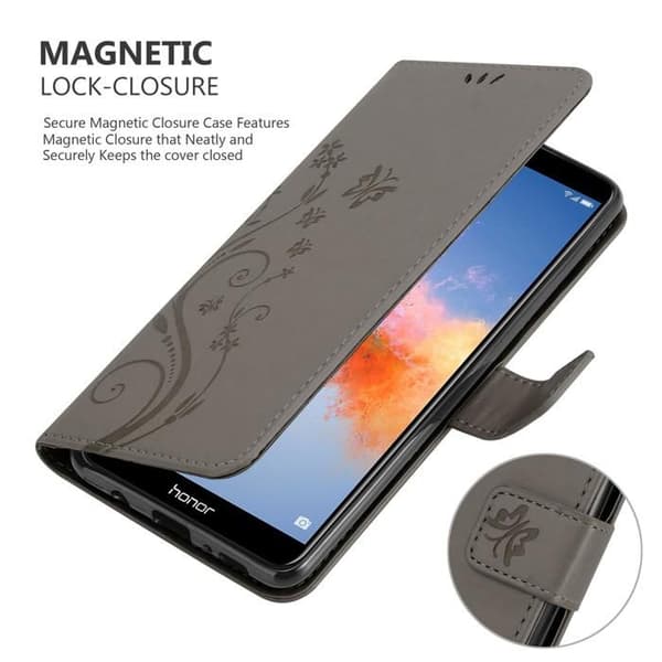 Fodral med lock för Honor 7X Etui i GRÅTT BLOMMÖNSTER Skydd Design Blommig Plånbok Grå