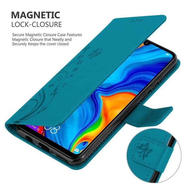 Fodral med lock för Huawei P30 LITE Etui i BLÅ BLOMSTER Design Blomster Plånboksskydd Blå