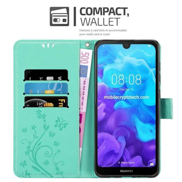 Cadorabo Fodral för Huawei Y6 PRO 2019 i TURKOS BLOMMA Fodral Skyddsfodral Blommigt Blommig turkos