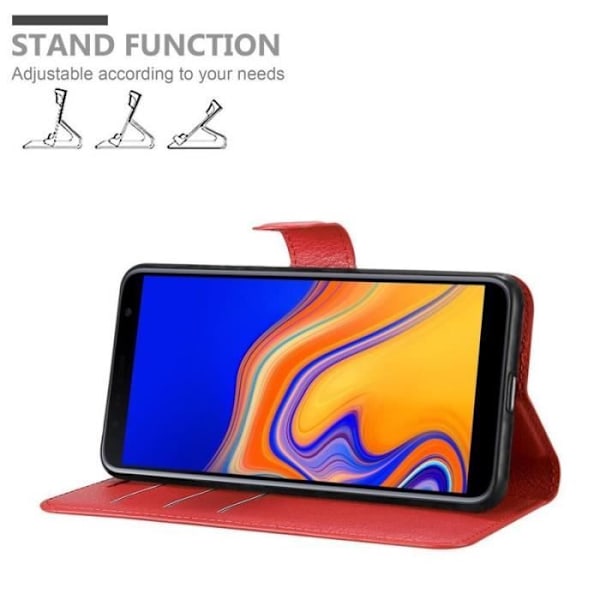 Fodral - CADORABO - Samsung Galaxy J4 PLUS - Rött konstläder - Stativfunktion - 3 kortfack Röd