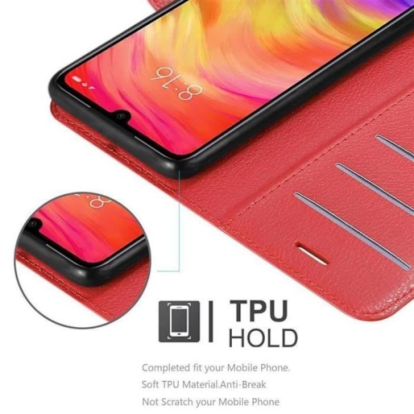 Fodral - CADORABO - RedMi NOTE 7 - Rött konstläder - Horisontellt stöd - 3 kortfack Röd