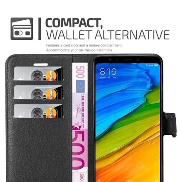 Fodral - CADORABO - Xiaomi RedMi NOTE 5 - Läderimitation - Horisontellt stöd - 3 kortfack Svart