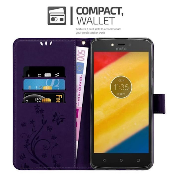 Etui för telefon - CADORABO - Motorola MOTO C PLUS - Syntetläder - Blommig - Ställfunktion Mörklila blommig