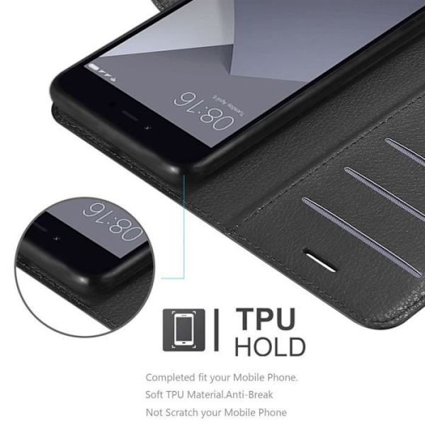Coque - CADORABO - Xiaomi RedMi Note 5A - Syntetiskt läder Svart - Horisontellt stativ - 3 kortfack Svart