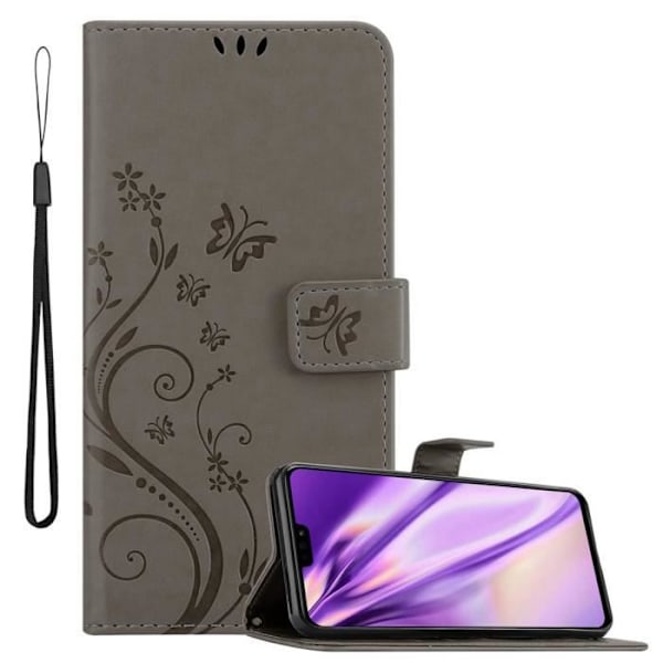 Coque Honor 8X - CADORABO - Grå Blomster - Simililäder - Ställfunktion - Platser för Kort Blommig grå