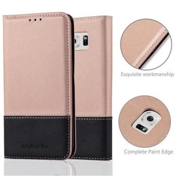 Cadorabo-fodral Samsung Galaxy S6 EDGE ROSA SVART Imitationsläder (LÄDER/MOKA) Magnetiskt fodralhölje stöder stativ och kortplats