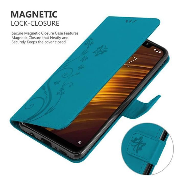 Coque för Xiaomi Pocophone F1 - CADORABO - BLÅ FLORAL - Simililäder - Ställfunktion - Kortplatser BLOMMA BLÅ