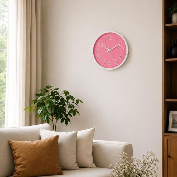Tyst rund väggklocka vit och rosa 30,5 cm - kvartsur med stora siffror för vardagsrum, sovrum och kontor Ros